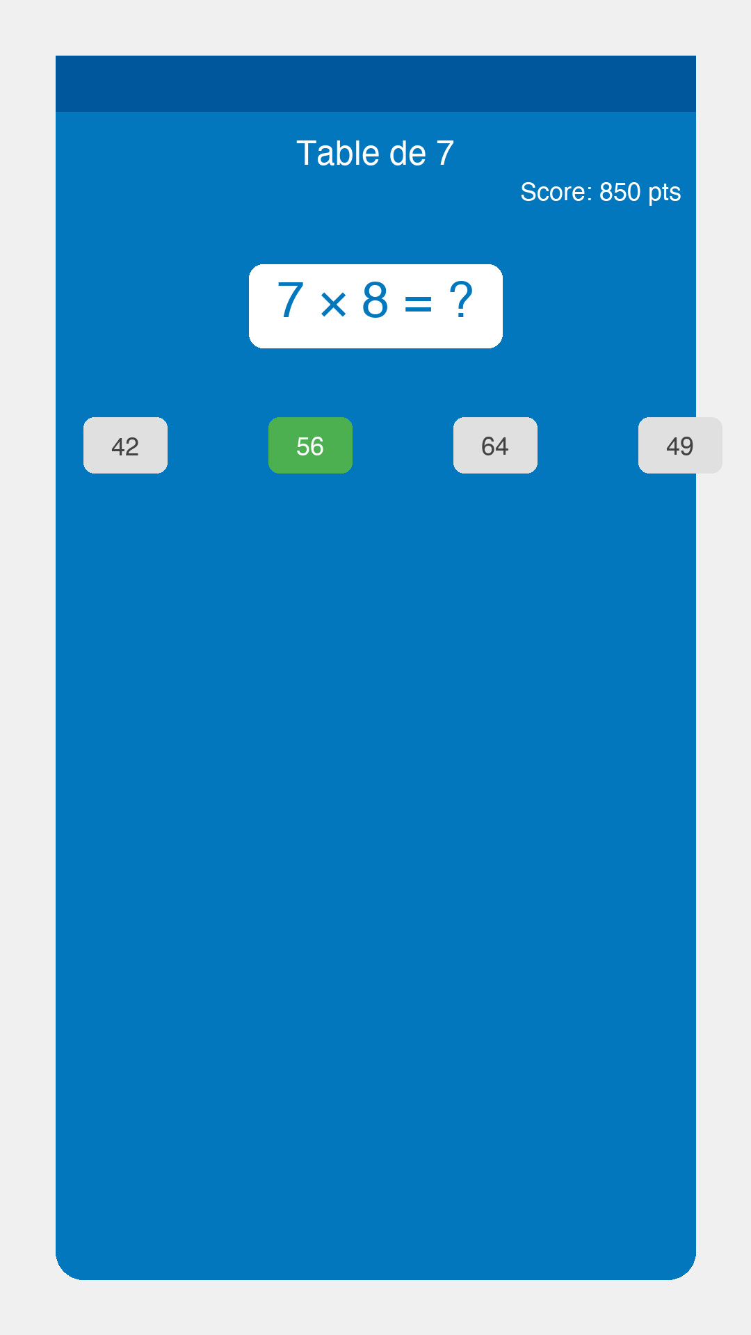 Capture d’AppLivrets : une question de multiplication avec quatre réponses proposées.